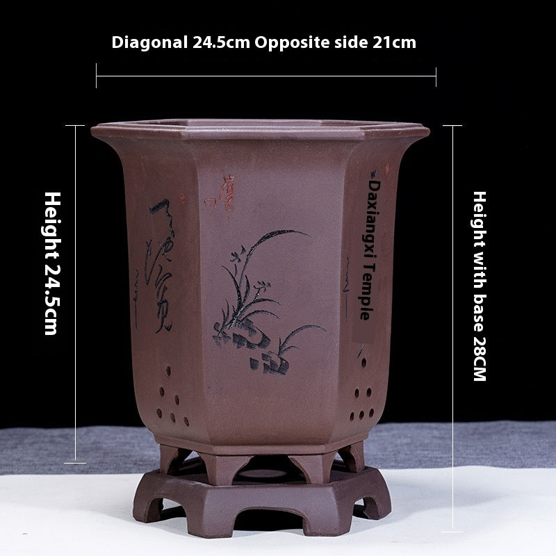 Fine Zisha Flowerpot Hand-carved Hexagonal