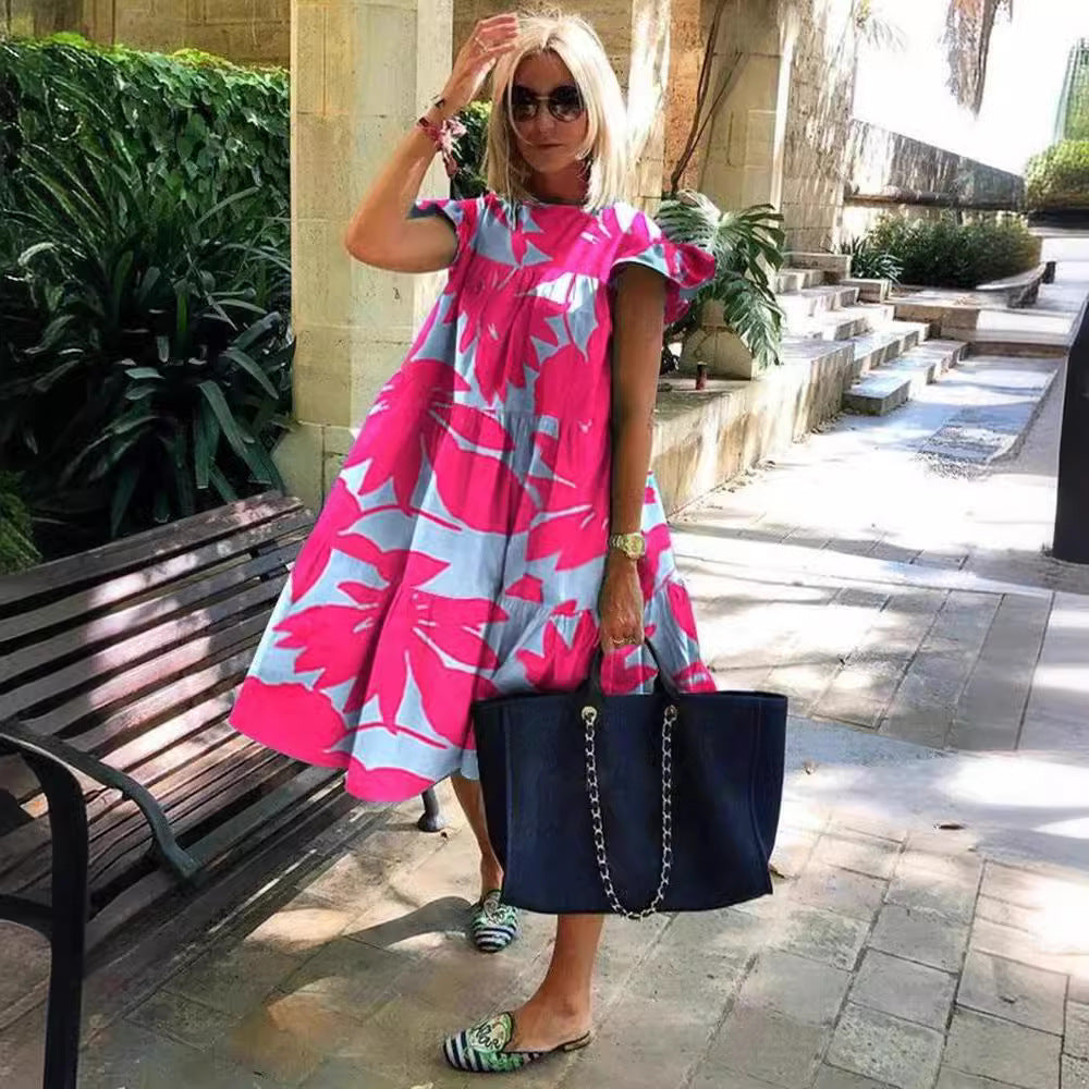 Foreign Trade Cross-border Sweet Holiday Floral Print A- Line Dress