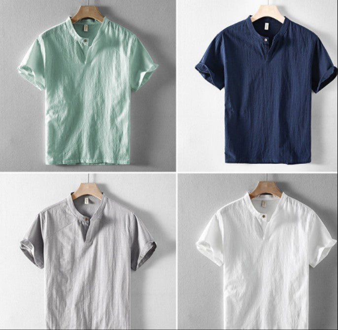 Casual Chinese Style Loose Standing Collar Cotton Linen Short Sleeved Shirt