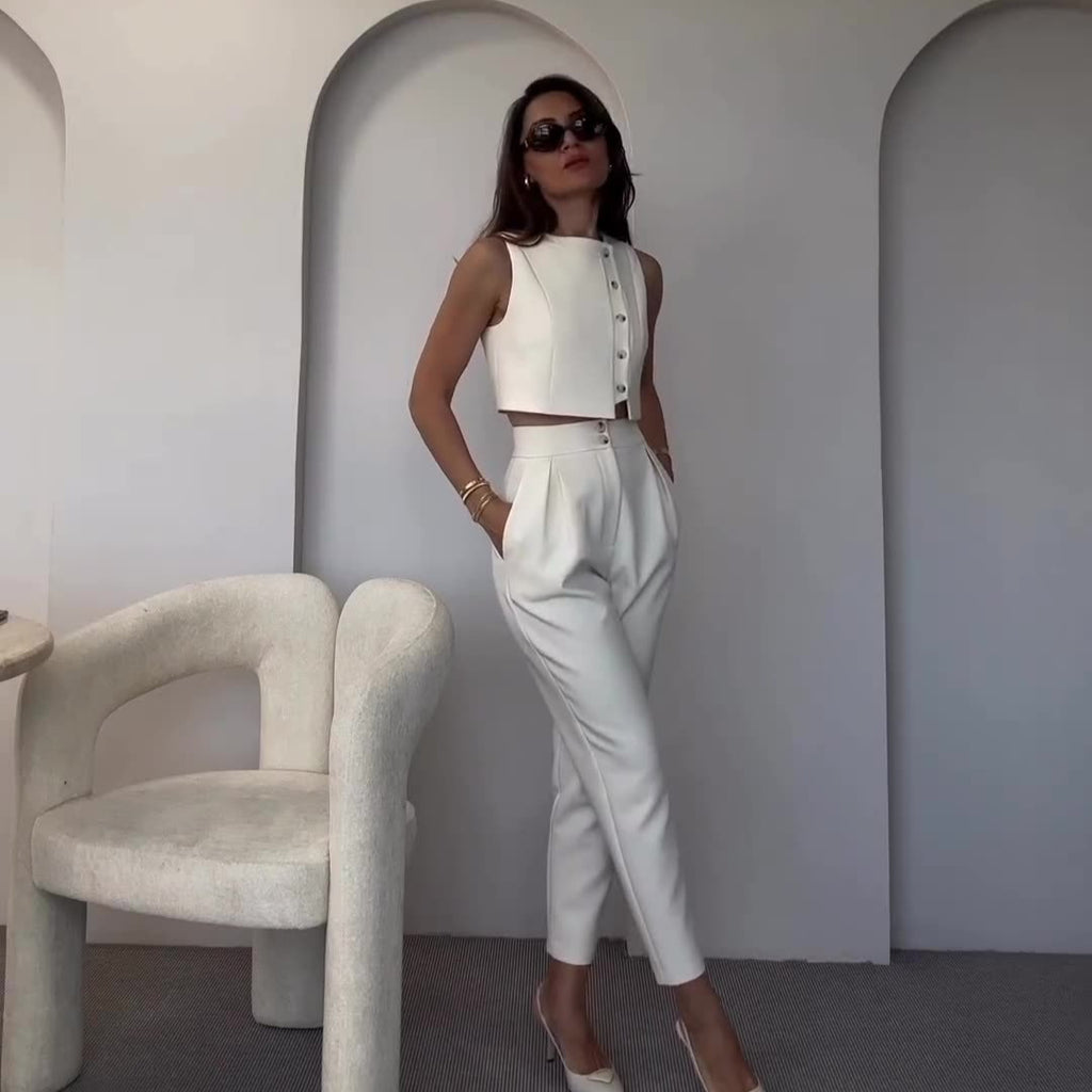 Sleeveless Vest Top High Waist Straight Pants Solid Color Two-piece Set