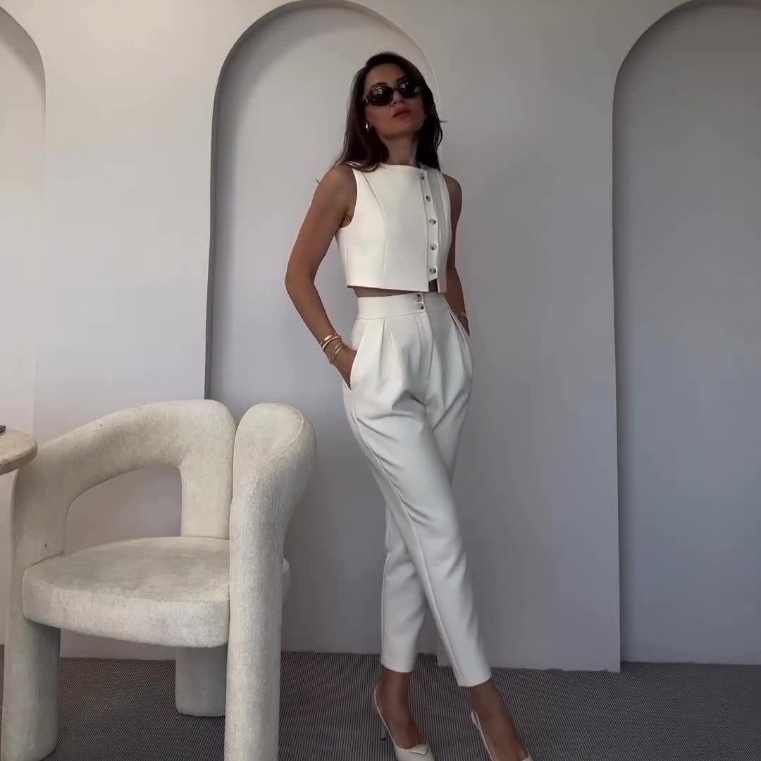 Sleeveless Vest Top High Waist Straight Pants Solid Color Two-piece Set
