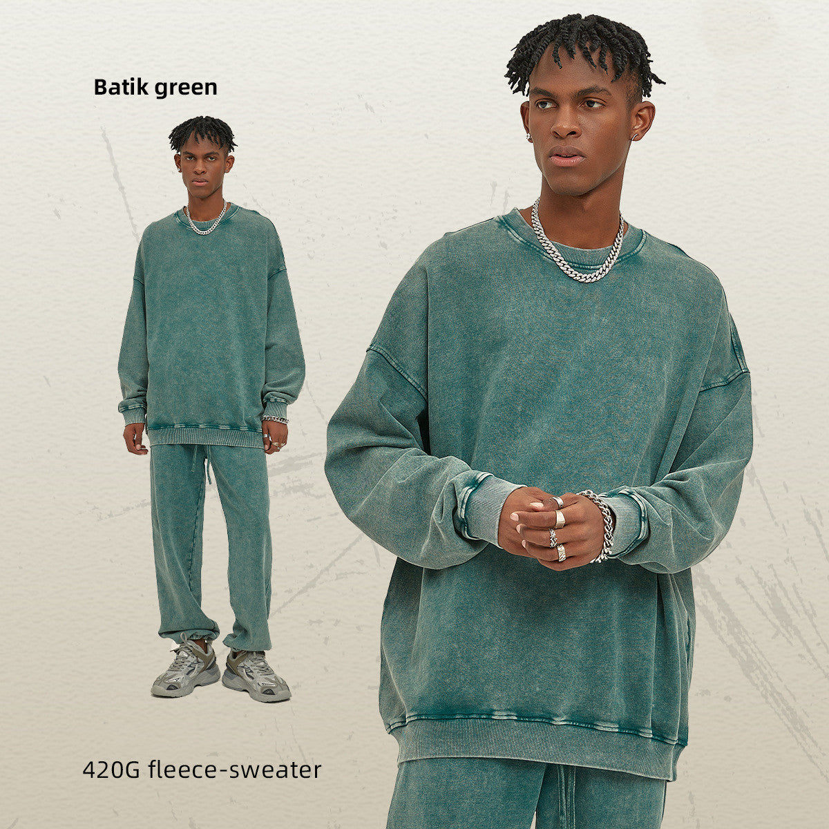 Men's Waxed Heavy Round Neck Sweater Fashion Brand Pure Color Washed Retro Top