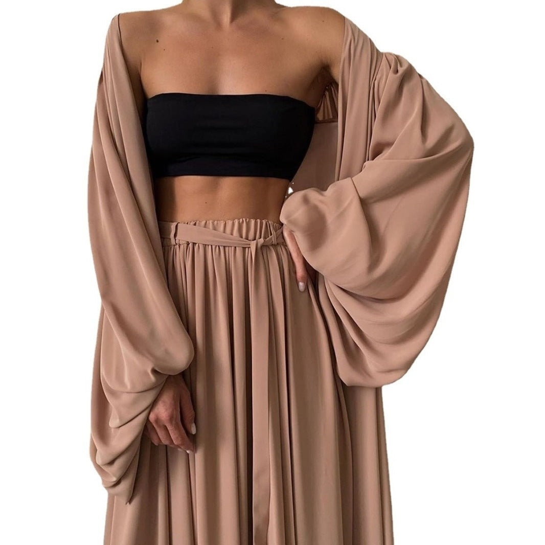 Three-piece Long Cardigan Tube Top Wide-leg Pants