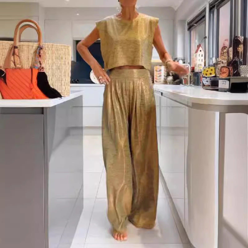 Women's Casual Glossy Vest Wide Leg Pants Two-piece Suit
