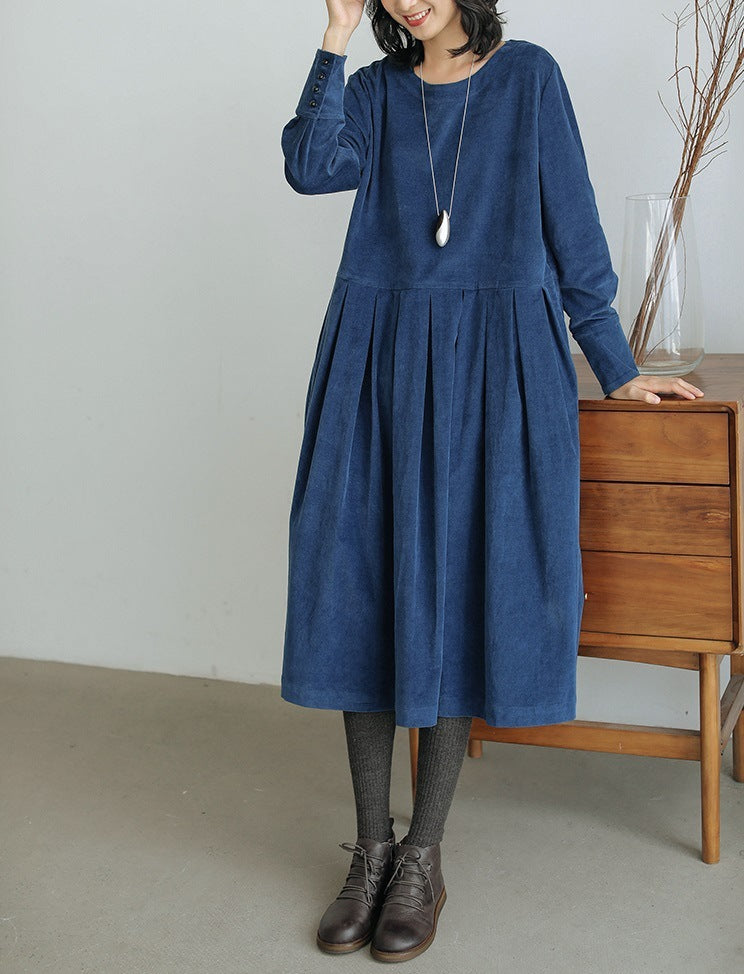 Long Sleeve Mid-length Artistic Corduroy Velvet Dress Women