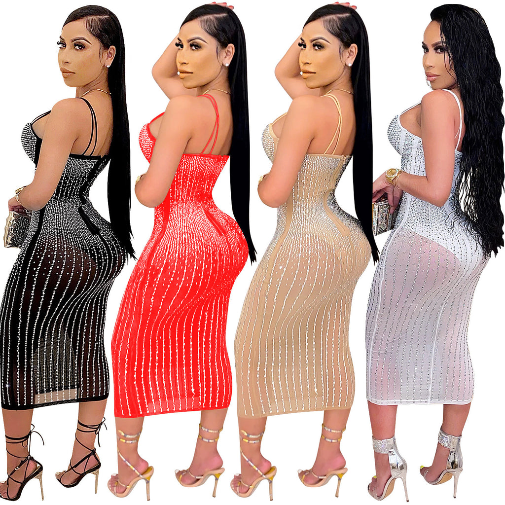 Women's Yarn See-through Rhinestone Strap Dress