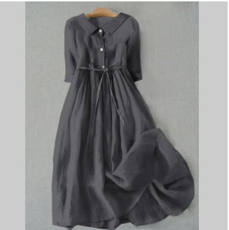 Women's French Retro Cotton And Linen Pleated Lace-up Skirt Dress