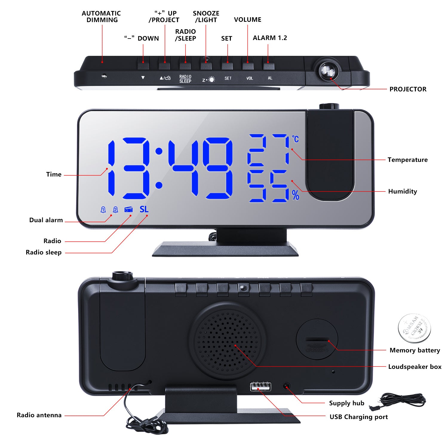 The New Temperature And Humidity Multifunctional Radio Projection Creative LED Mirror Clock