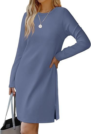 European And American Round Neck Slit Hemline At Hem Sweater Long Sleeve Casual Dress