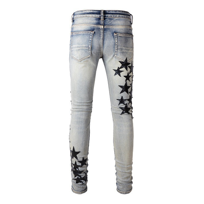 High Street Blue Five-pointed Star Stretch Slim Jeans