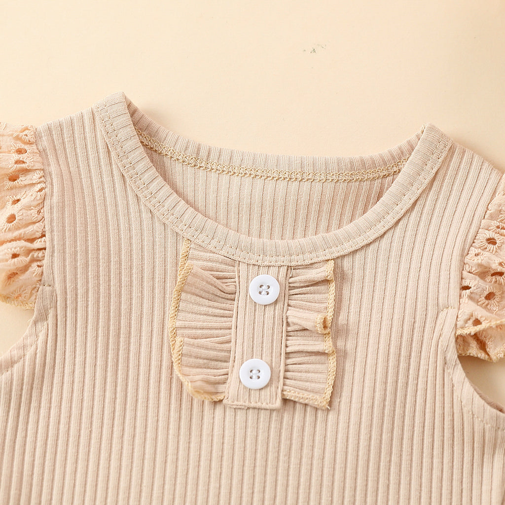 Girls' Flounced Sleeve Buttons Sunken Stripe Cotton Shorts Suit