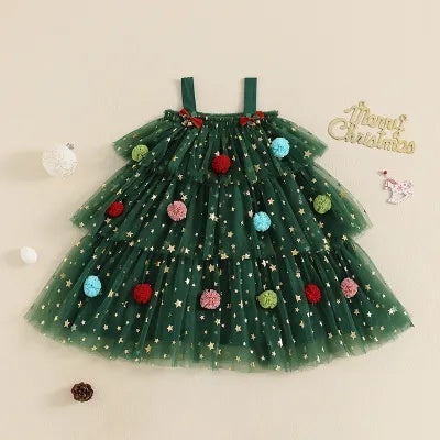 Christmas Tree Green Suspenders Mesh Children Dress