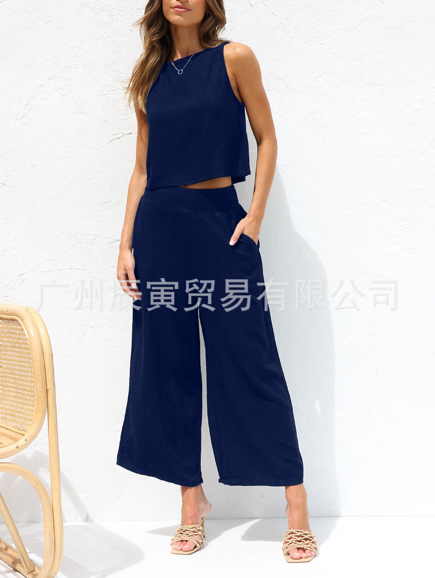 Casual Sleeveless Buckle Vest Cropped Double Pocket Wide Leg Pants Suit