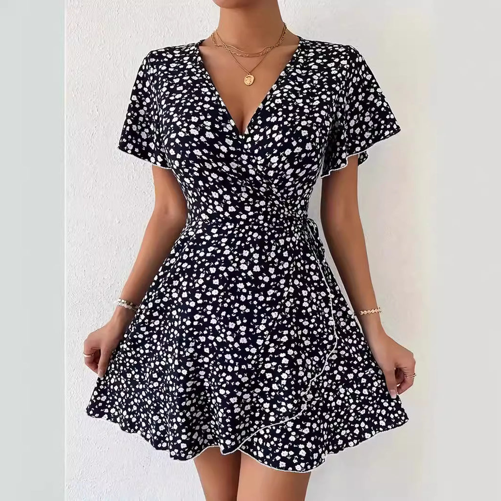 Floral Tie-neck Waist Trimming Short-sleeved V-neck Women's Clothing Dress