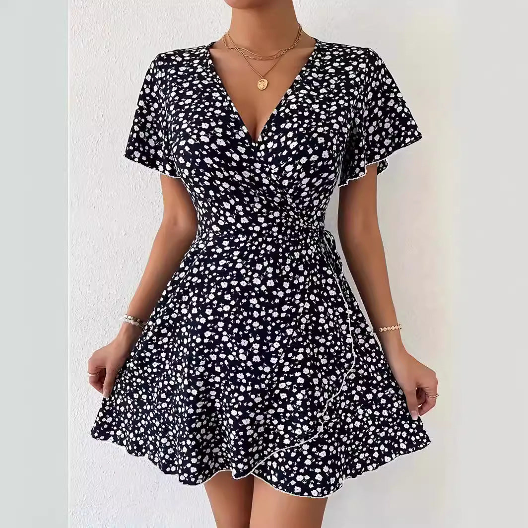 Floral Tie-neck Waist Trimming Short-sleeved V-neck Women's Clothing Dress