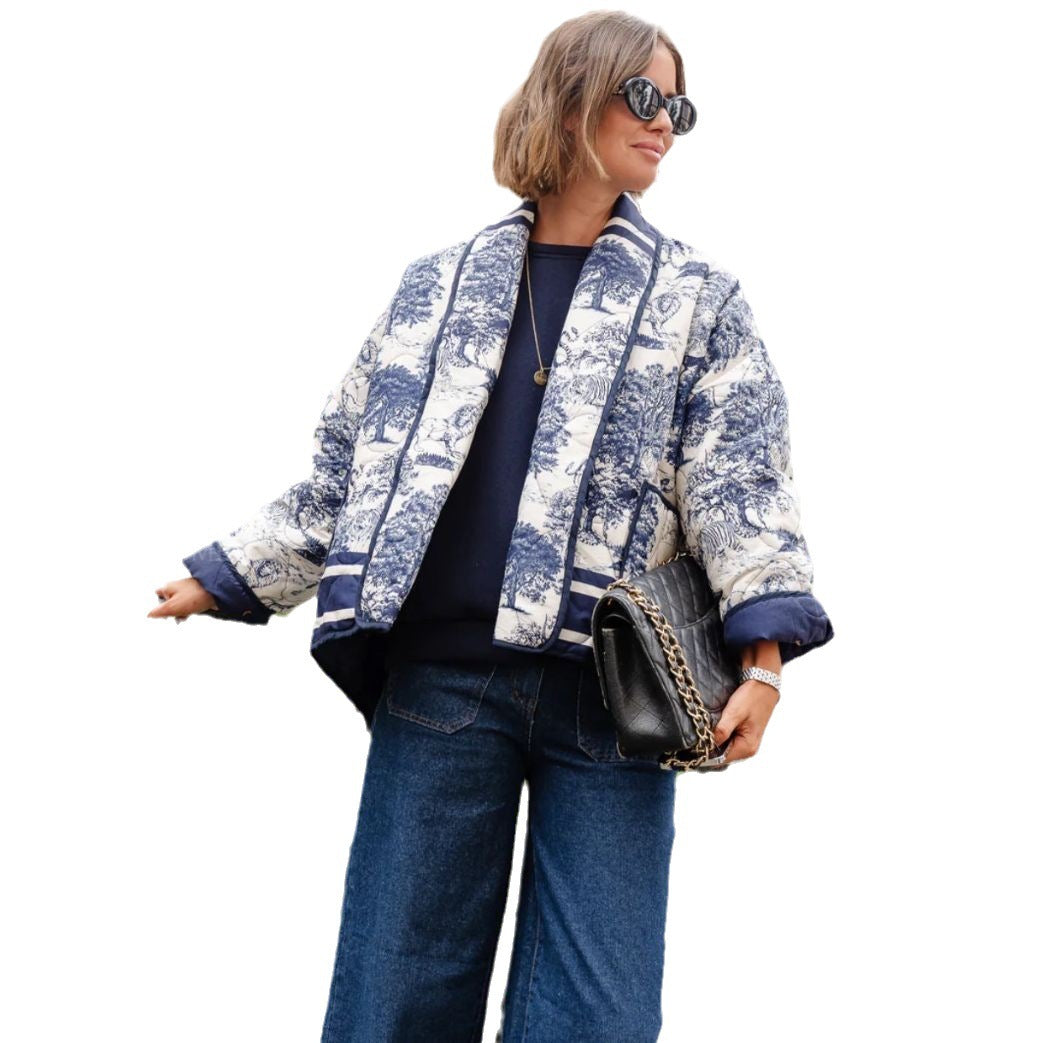 Fashion Vintage Print Color Contrast Short Leisure Warm Cotton Coat