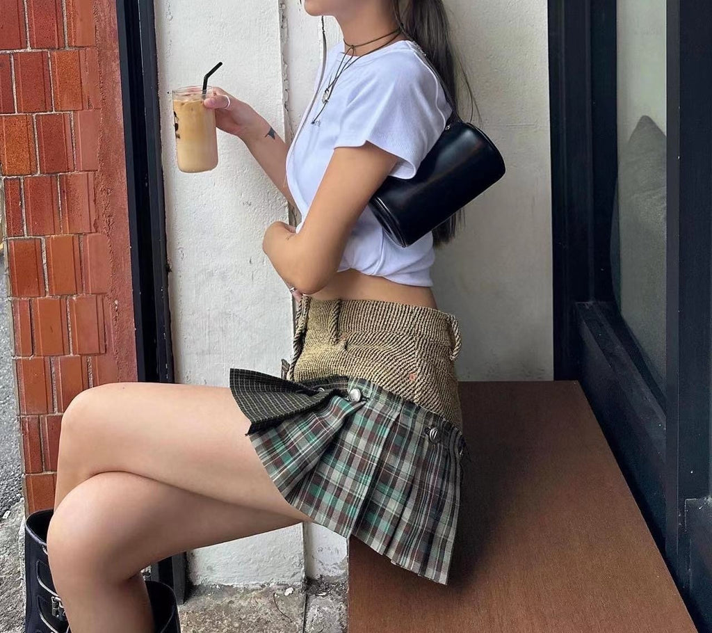 Women's Retro American Plaid Stitching Skirt