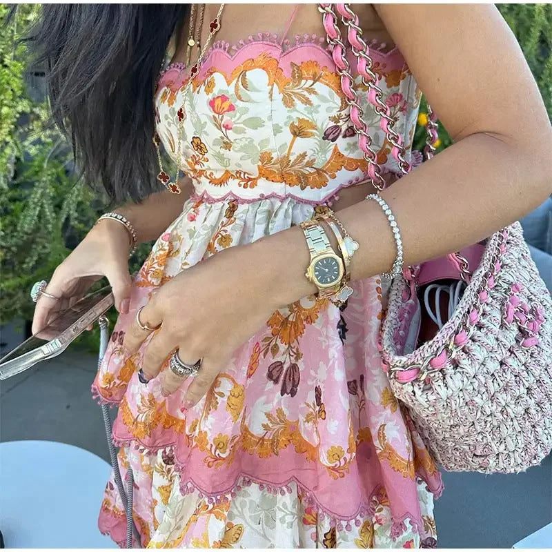 Ruffled Printed Sleeveless Backless Slip Dress