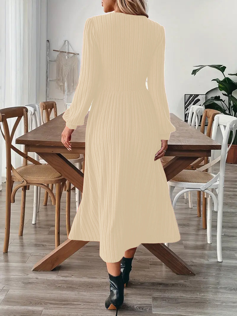 Elegant Maroon Ribbed Midi Dress For Women With Lantern Sleeves