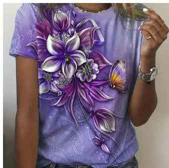 Pattern Round Neck T-shirt Leisure Short Sleeve