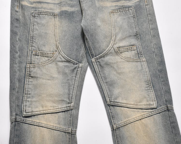 European And American Style Washed Pocket Stitching Zipper Slightly Flared Overalls