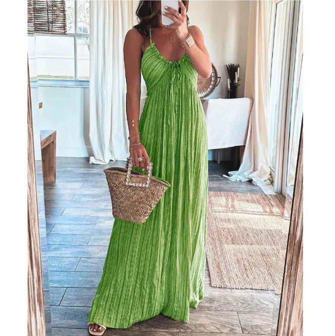 Summer New Solid Color Sexy Backless U-neck Strap Back Dress