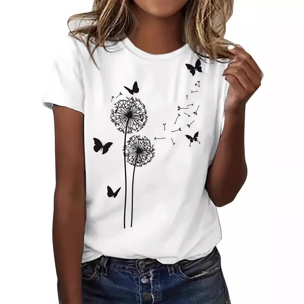 Women's Round Neck T-shirt 3d Dandelion Pattern Digital Printing Women's Clothing
