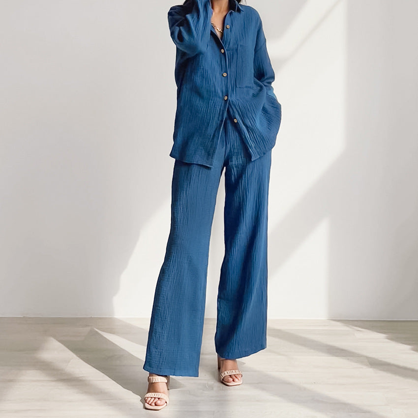 Shirt Crepe Cotton Pajamas Can Be Outer Wear Trousers Loose Two-piece Suit