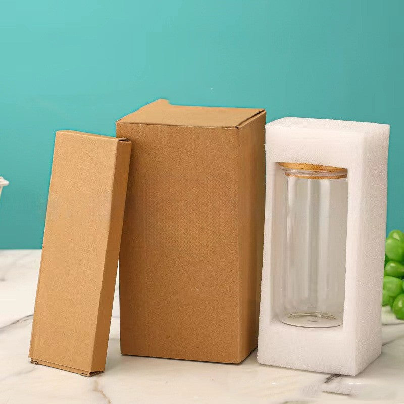 16oz Glass Bottle With Bamboo Cap Drink Juice Cup With Straw