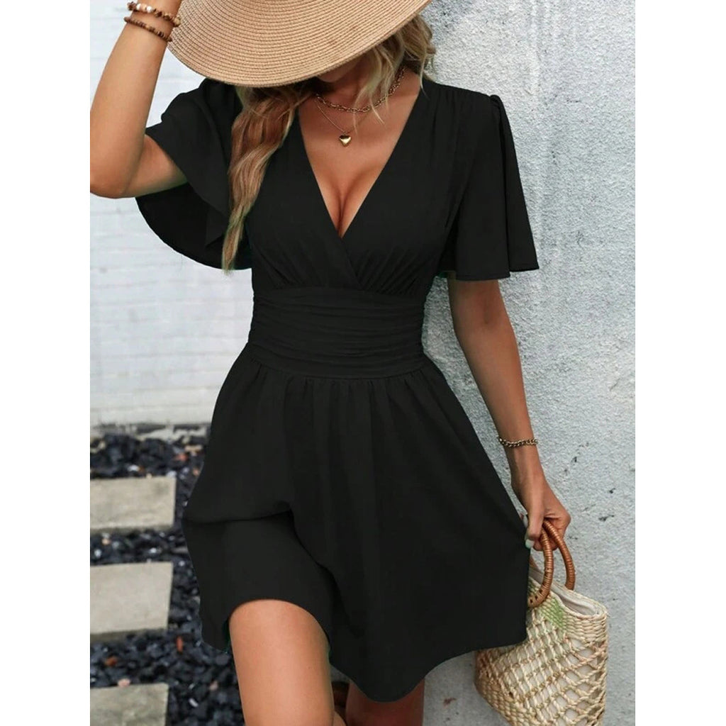 Women's V-neck Butterfly Sleeve Pleated Waist Dress