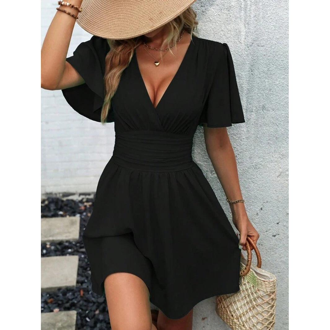 Women's V-neck Butterfly Sleeve Pleated Waist Dress