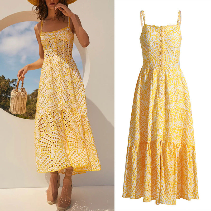 Women's Spaghetti-strap Ruffle Embroidered Hollow Lace Dress