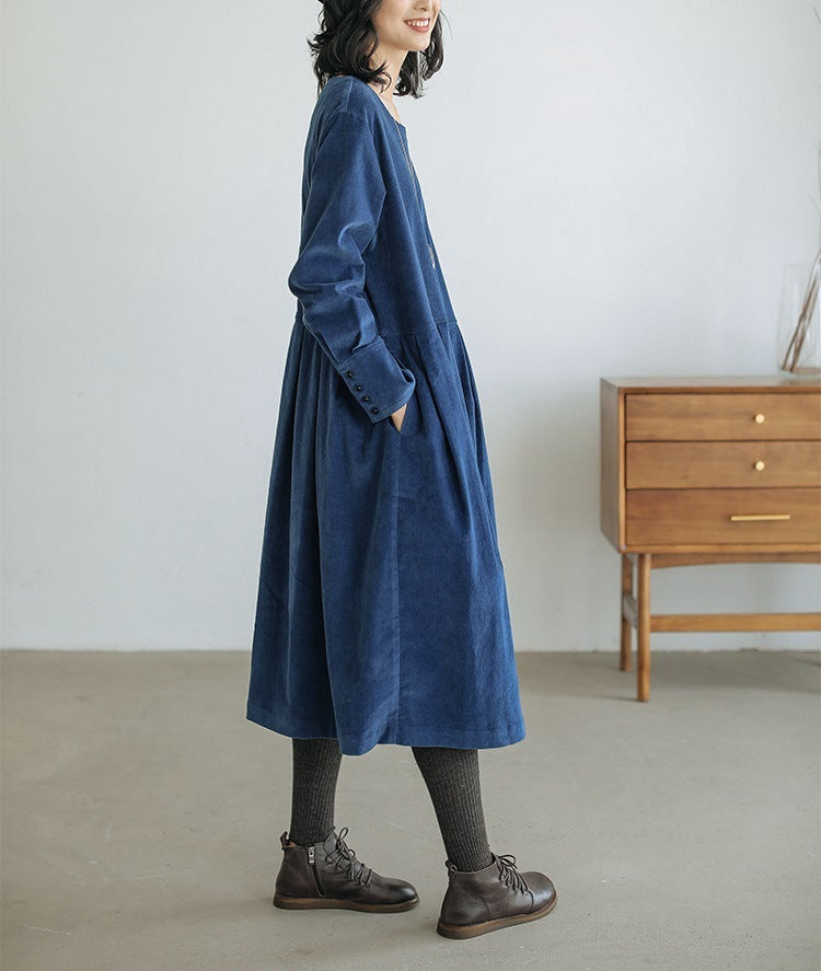 Long Sleeve Mid-length Artistic Corduroy Velvet Dress Women