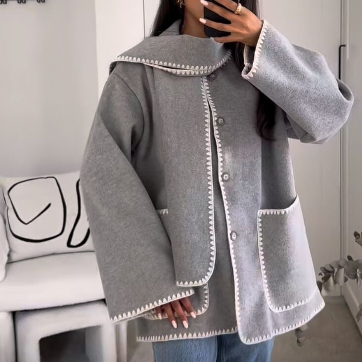 Women's Fashion Color Contrast Scarf Woolen Coat