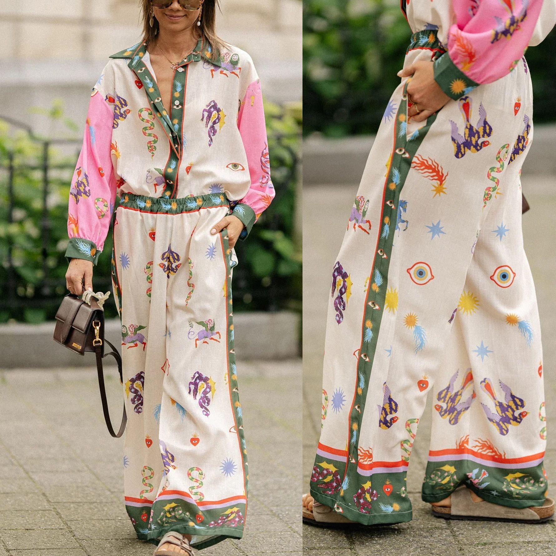 Long Sleeve Pocket Abstract Printing Loose Casual Two-piece Suit Women