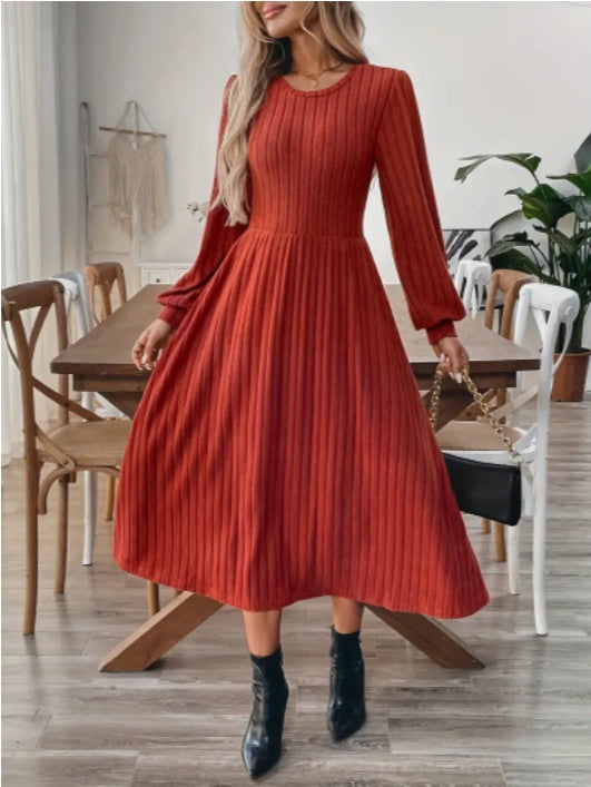 Elegant Maroon Ribbed Midi Dress For Women With Lantern Sleeves