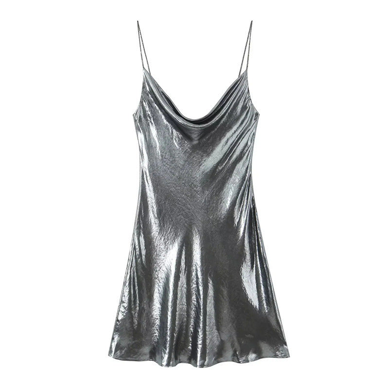 European And American Fashion Low Collar Backless Metallic Sling Dress