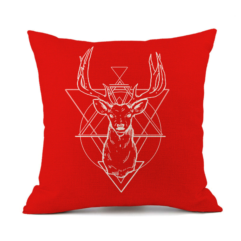 Christmas Elk Santa Claus Red Festive Printed Linen Cushion