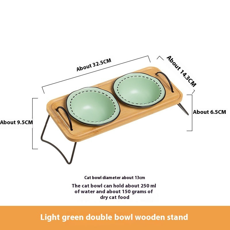 Pet Wooden Rack Multi-functional Ceramic Cat Bowl Anti-tumble Water Feeding Oblique Mouth Easy To Clean