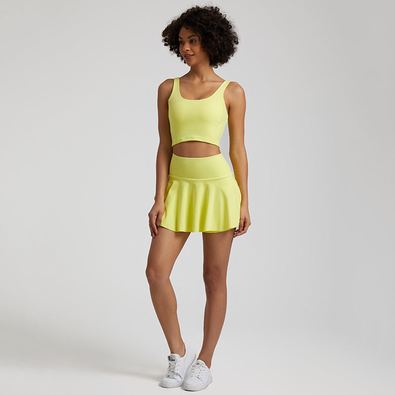 Nude Feel Outdoor Running Fitness Casual Pleated Mini Skirt Vest Suit