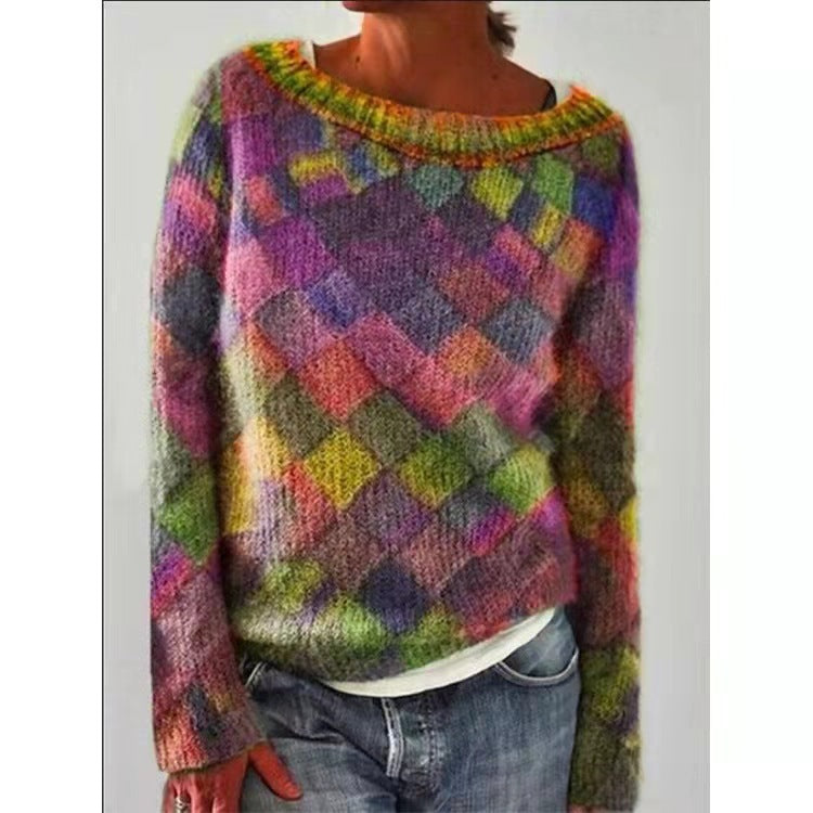 Printed Long Sleeve Collar Sweater Women's Polyester Multi-color Retro