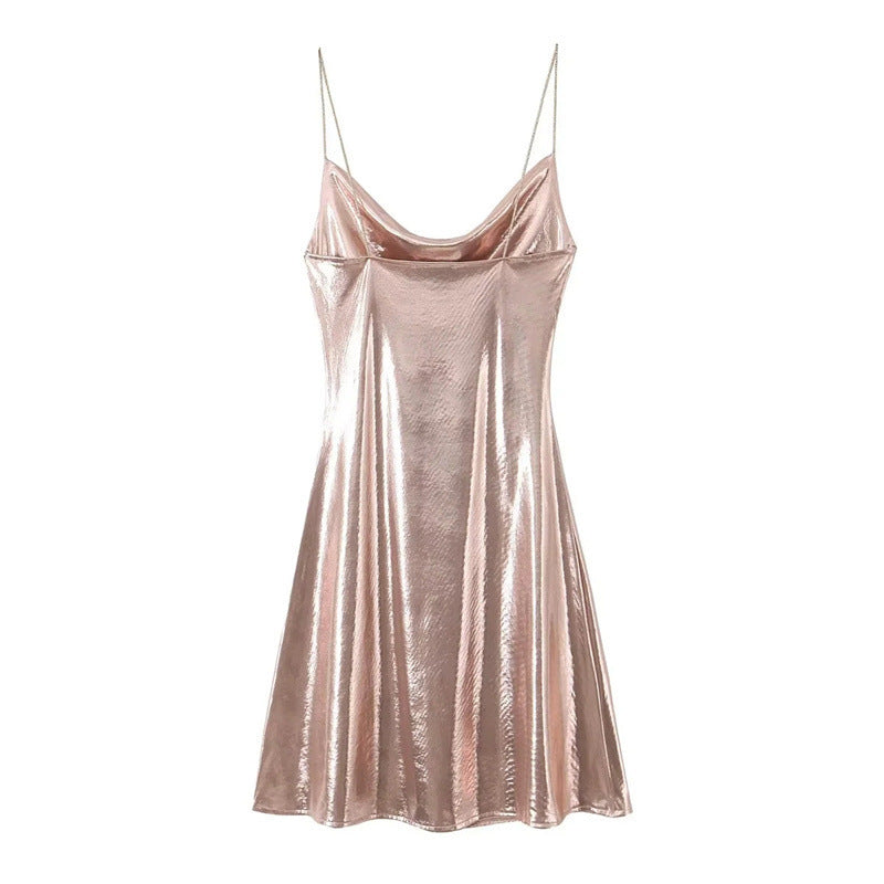 European And American Fashion Low Collar Backless Metallic Sling Dress