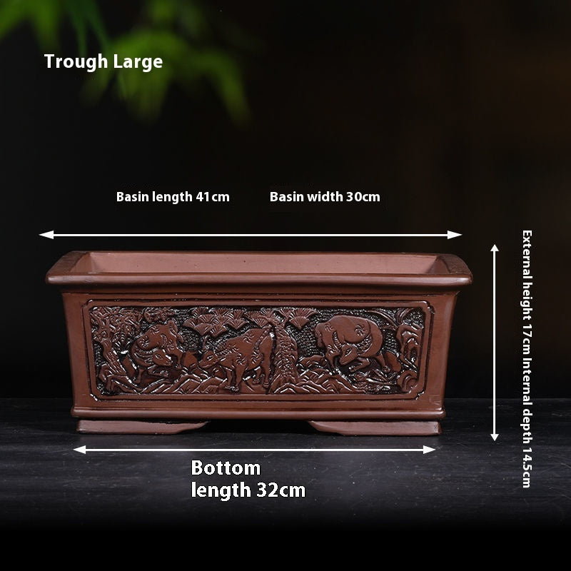 Banyan Flower Pot Purple Sand Relief Pachira Macrocarpa Welcome Pine Happiness Tree Ganoderma Old Pile Extra Large Ceramic Landscape Basin