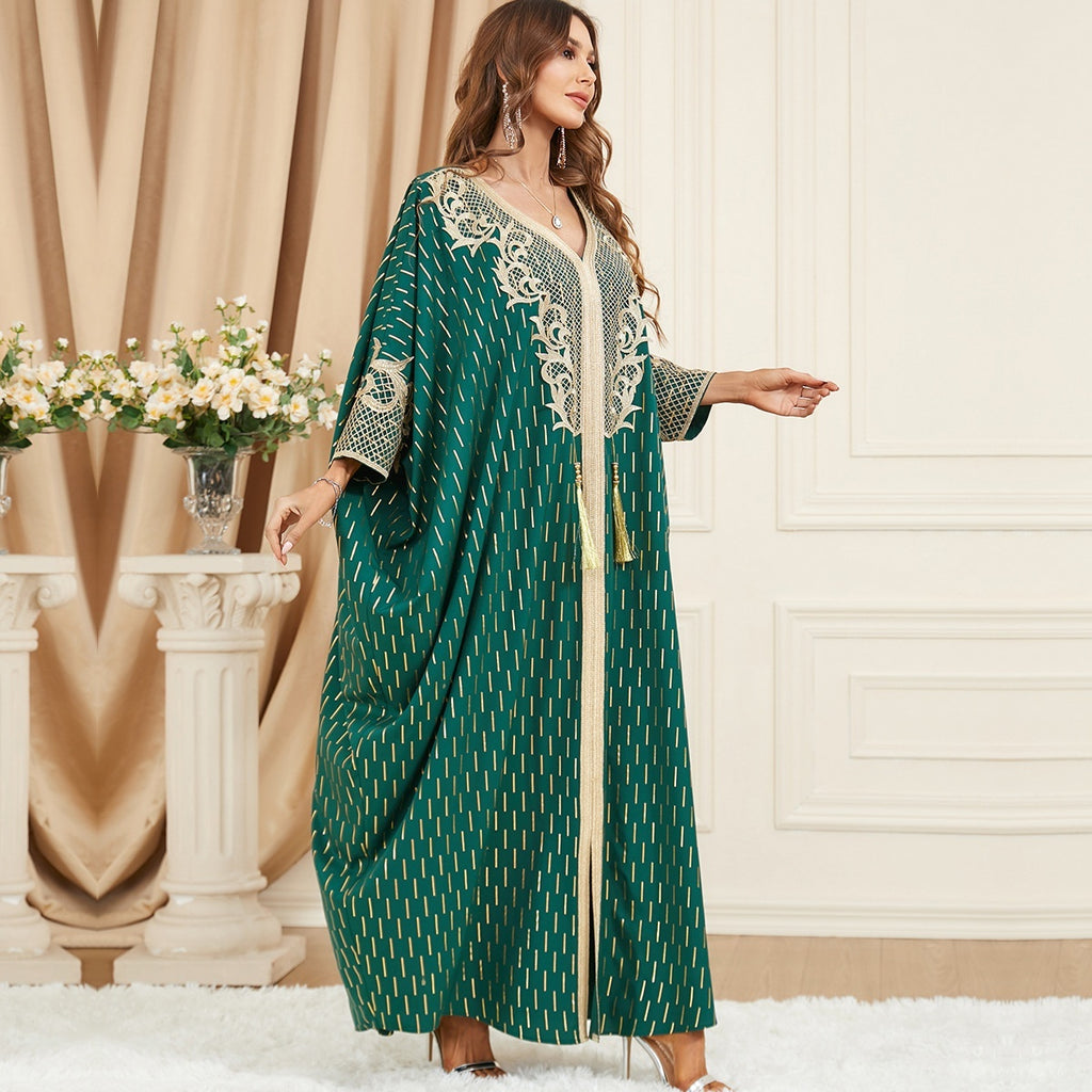 Muslim Green Gilding Batwing Sleeve Bow Tie Stitching Middle East Popular Plus Size Tassel Split Dress