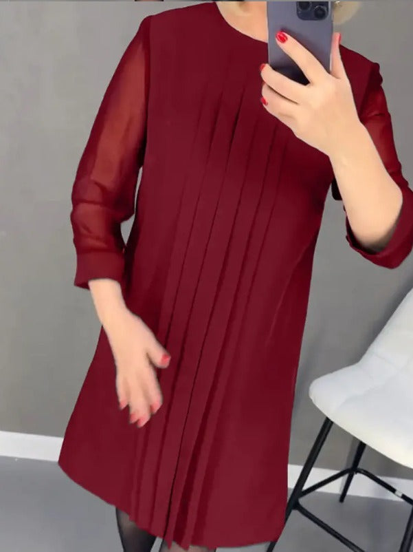Lace Sleeve Round Neck Pleated Long Sleeve Dress Women's Clothing