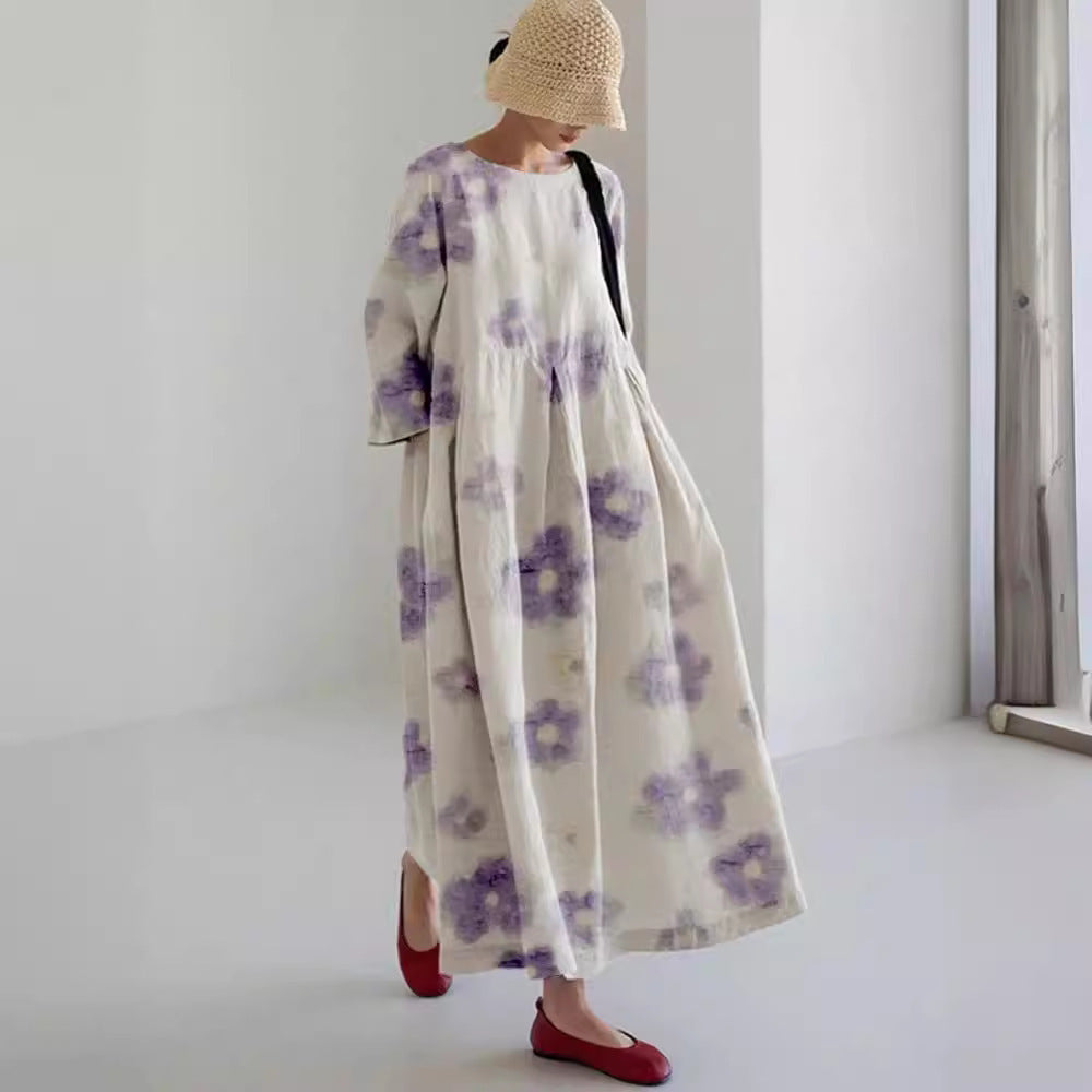 Summer European And American Women's Loose Round Neck Fashion Advanced Long Sleeve 3D Printing Dress