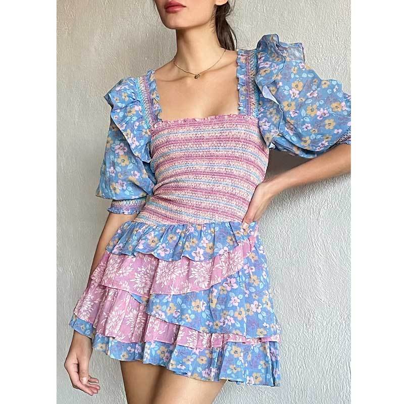 Bohemian Resort Style Romantic Printed Puff Sleeve Dress