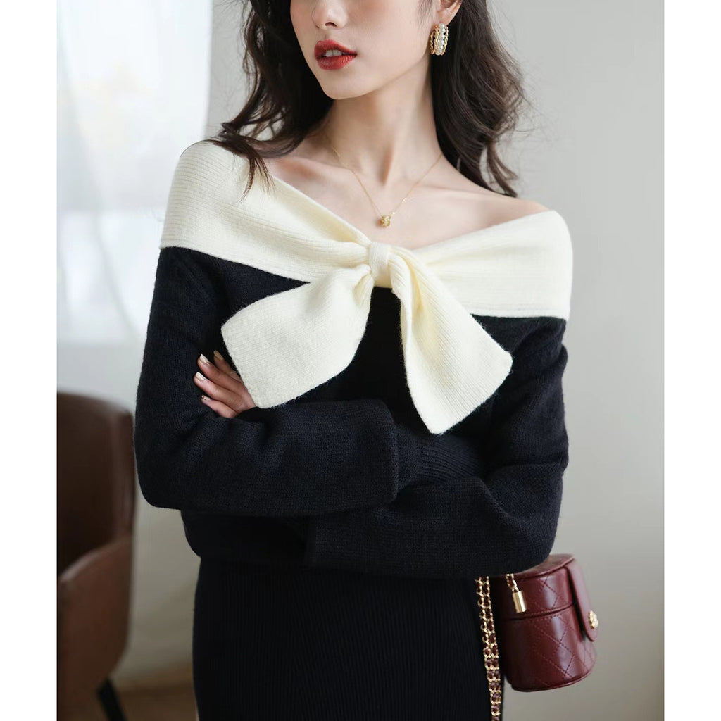 Design Niche Off-shoulder Bow Top Women's Spring New Black Knitted Chic Inner Wear T-shirt