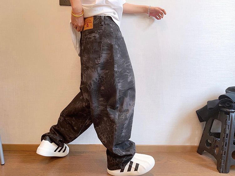 Spring Retro Canvas Snake Pattern Camouflage Heavy Washed Ruan Handsome Loose Casual Pants