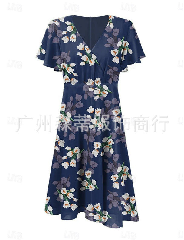 Summer Sweet Wind Ruffled V-neck Printed Waist-controlled Dress